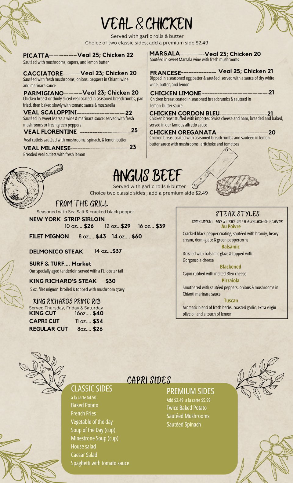 Menu page showing early bird specials and dinner choices.