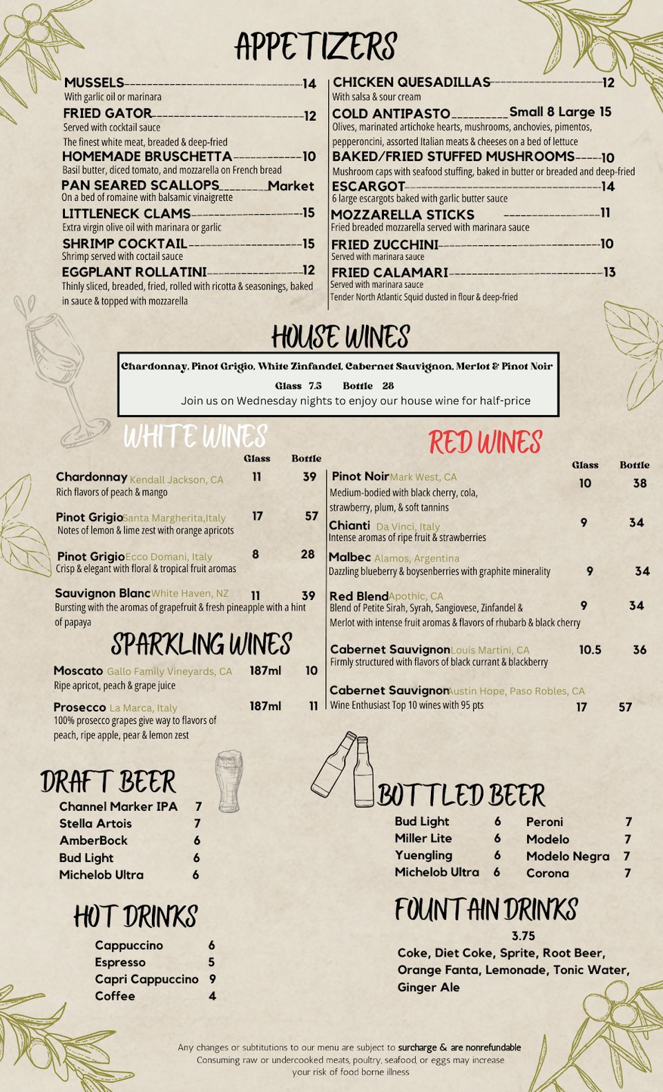 Printed menu with Italian dishes and seafood selections.