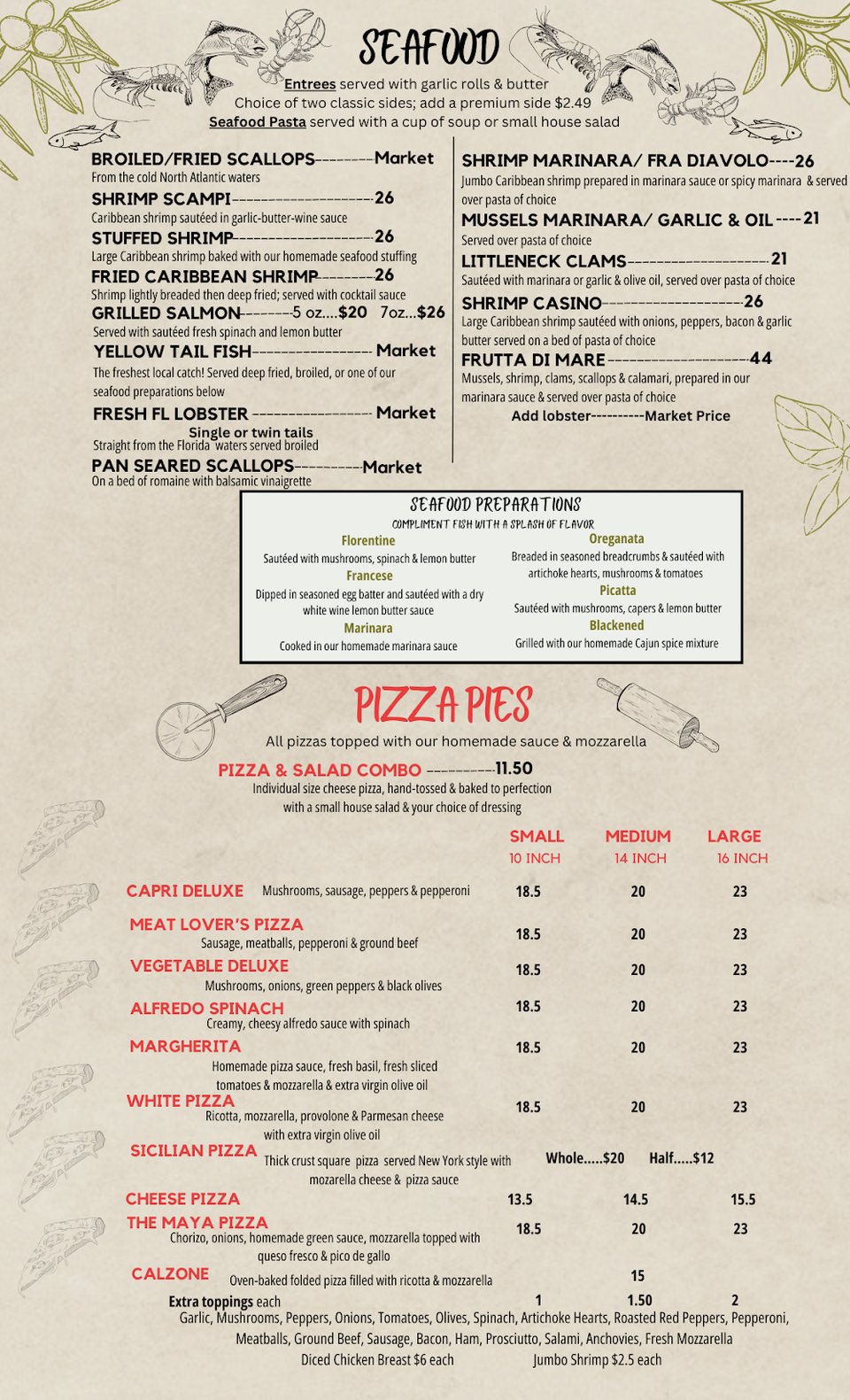 Restaurant menu layout with category headings and item list.