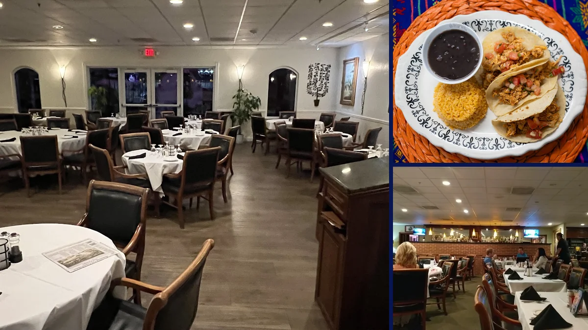 Spacious dining area with classic restaurant seating and decor.